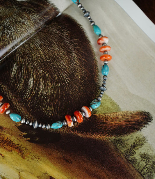 Turquoise & Orange Spiny Navajo Pearl Necklace - 20”