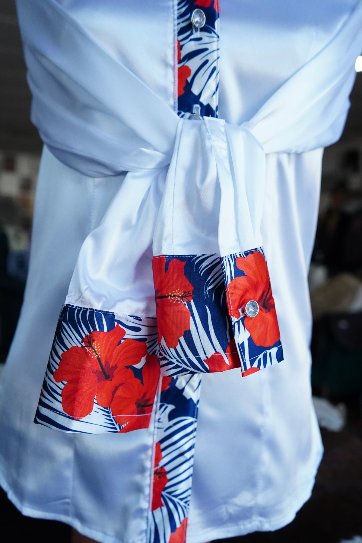 S - Patriotic Hibiscus Floral on White Satin Button Down