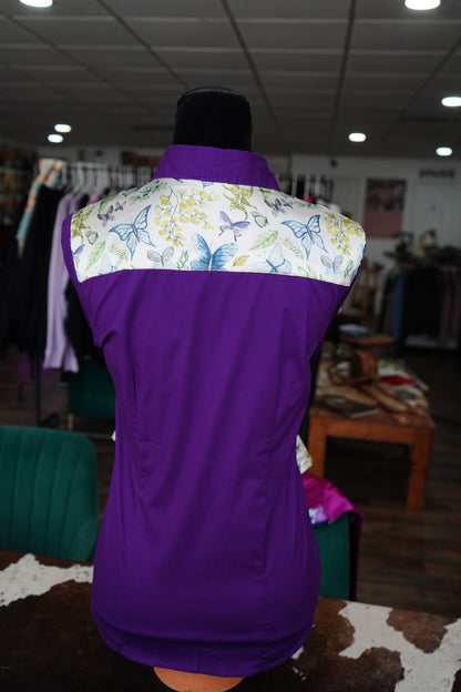 M - Butterflies & Leaves on Purple Cotton Button Down