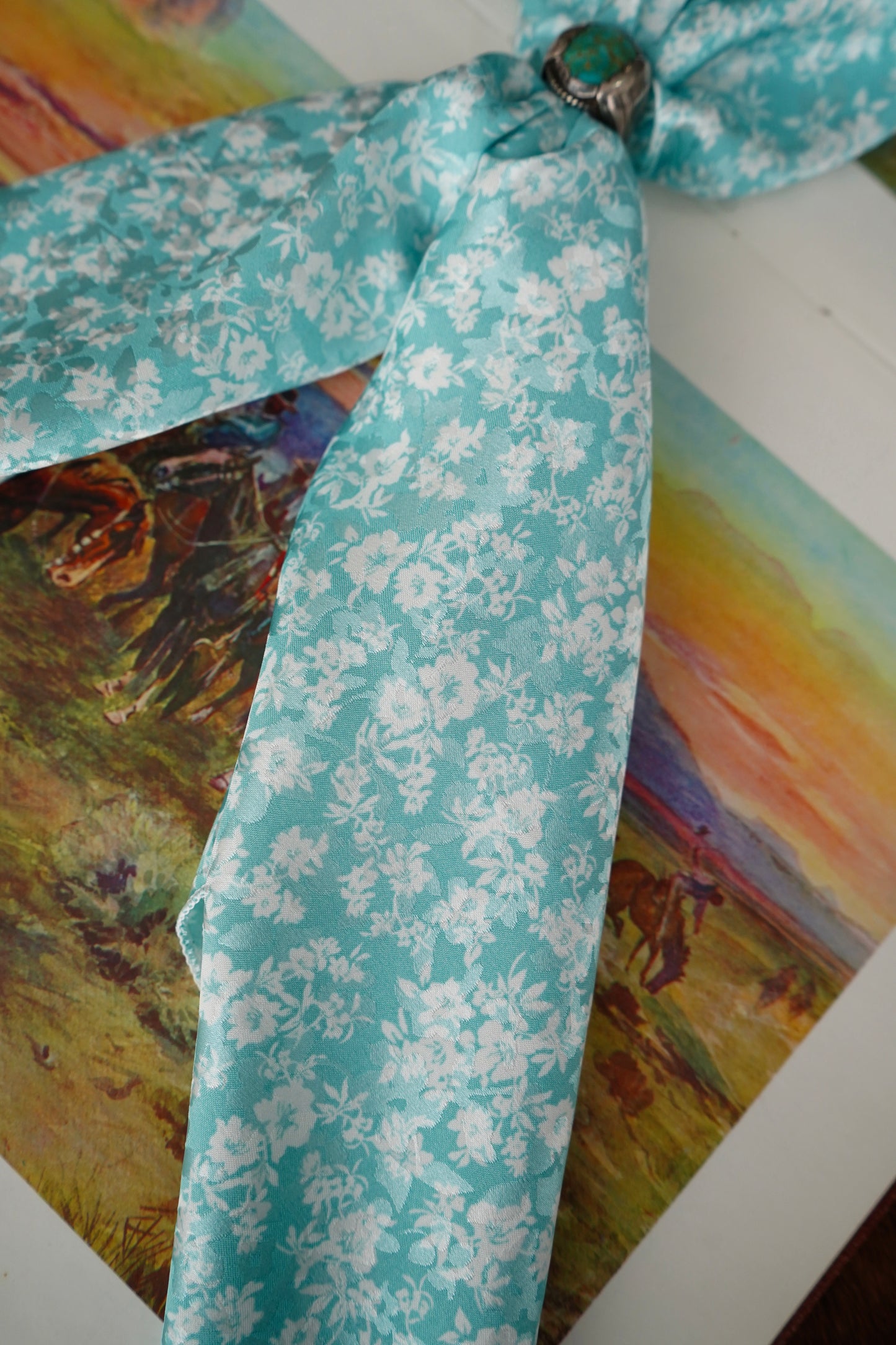 White & Turquoise Jacquard Floral Wild Rag
