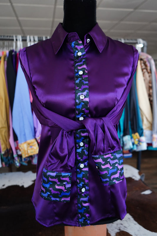 M - Purple Weenie Dawgs on Purple Satin Button Down