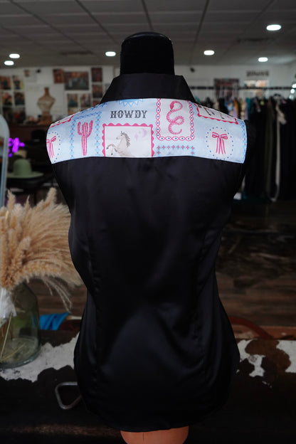 L - Pastel Cowgal Stamps on Black Satin Button Down