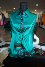 Load image into Gallery viewer, 3XL - Charcoal Gray with Turquoise, Black, and Cream Large Aztec on Emerald Button Down