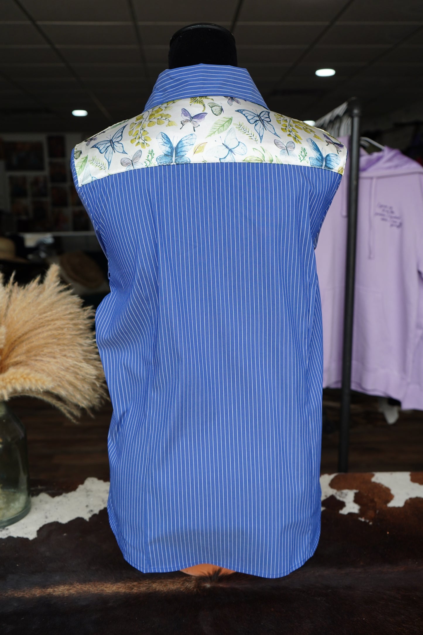 XL - Butterflies & Leaves on Denim & Blue Striped Cotton Button Down