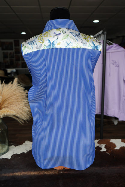 XL - Butterflies & Leaves on Denim & Blue Striped Cotton Button Down