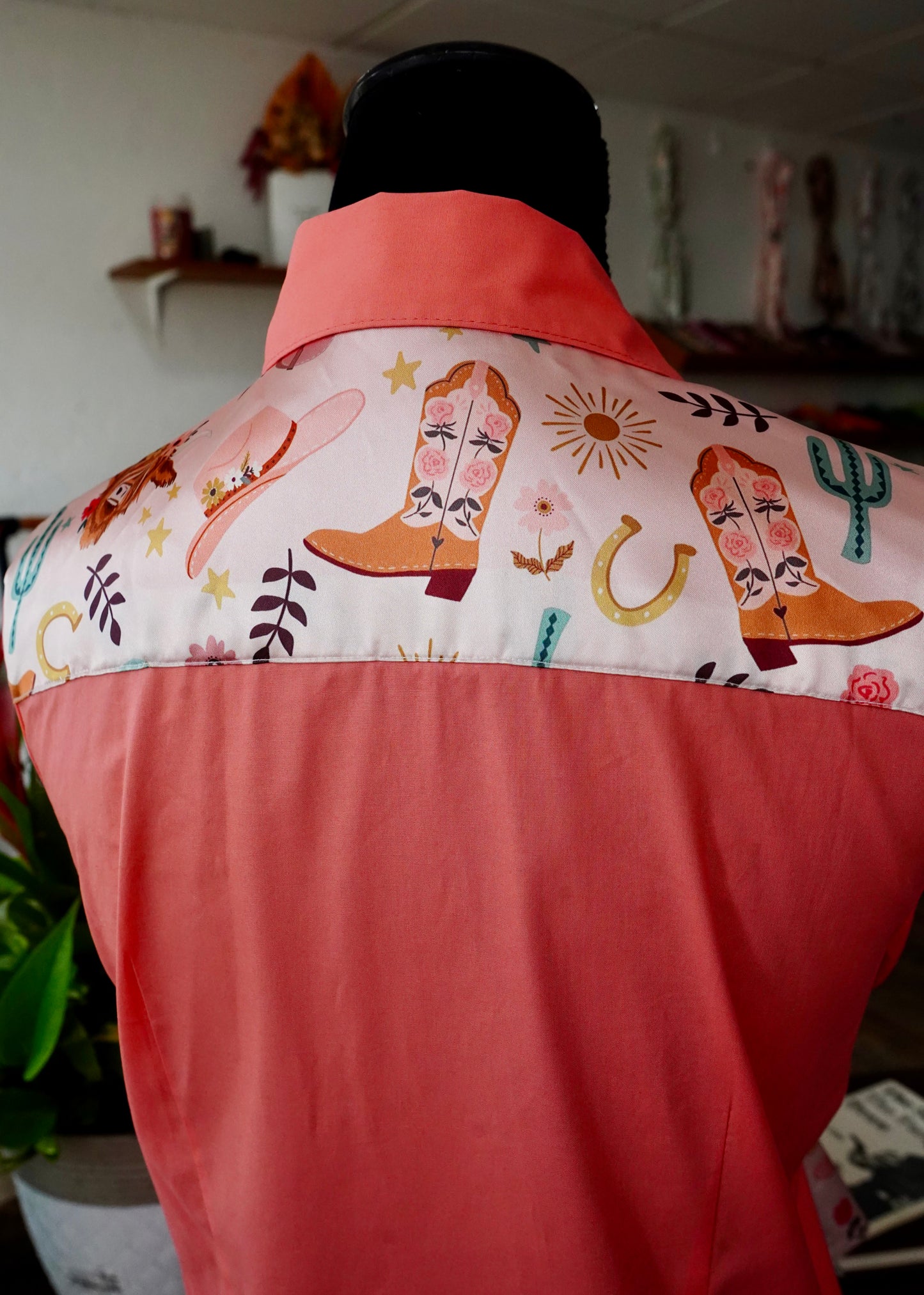 L - Watercolor Boots & Highlanders on Coral Cotton Button Down