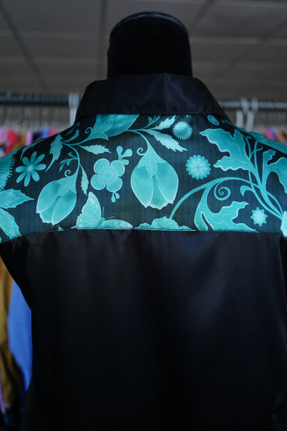 3XL - Turquoise Floral Paisley on Black Satin Button Down