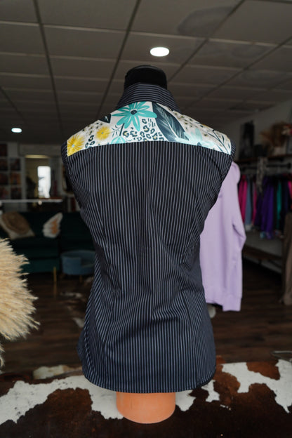 S - Turquoise Cheetah Florals on B/W Stripes Button Downs