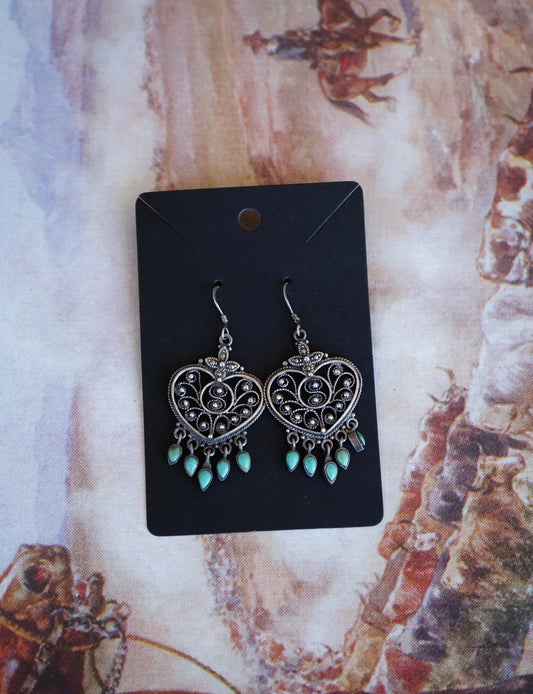 Vintage Heart w/ Turquoise Dangles Fish Hook Earrings