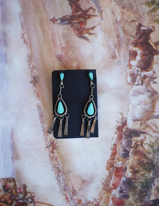 Vintage Turquoise w/  Dangly Silver Keys Stud Earrings