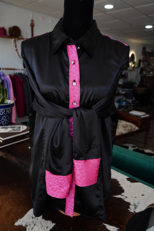 3XL - Pink Cheetah Jacquard on Black Satin Button Down