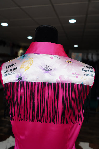 L - Watercolor Verses on Hot Pink Satin Button Down w/ Fringe
