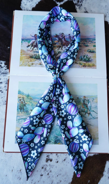 Watercolor Pink, Turquoise & Purple Cacti on Black Wild Rag