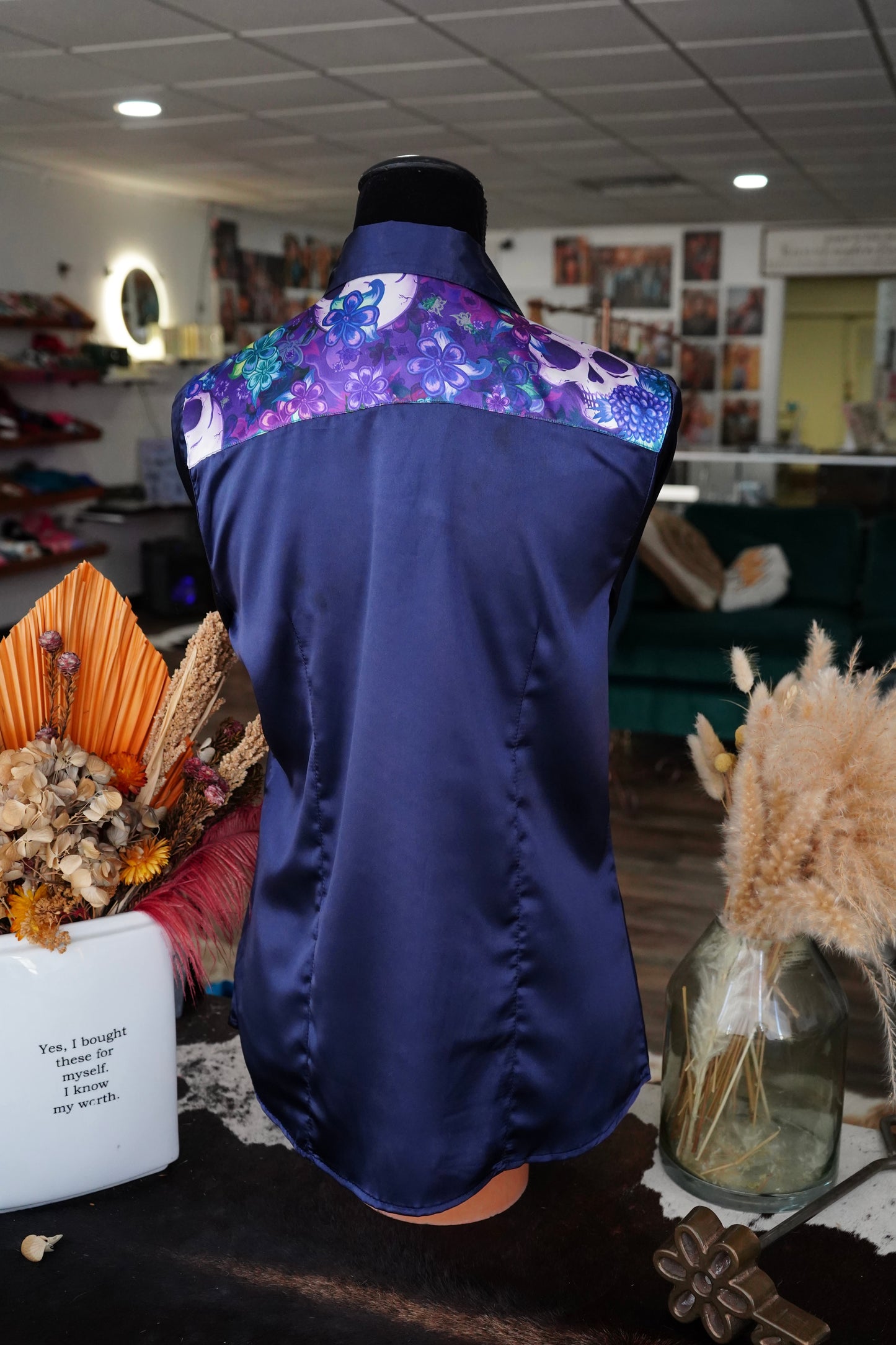 L - Navy Satin w/ Purple Floral Skulls Button Down