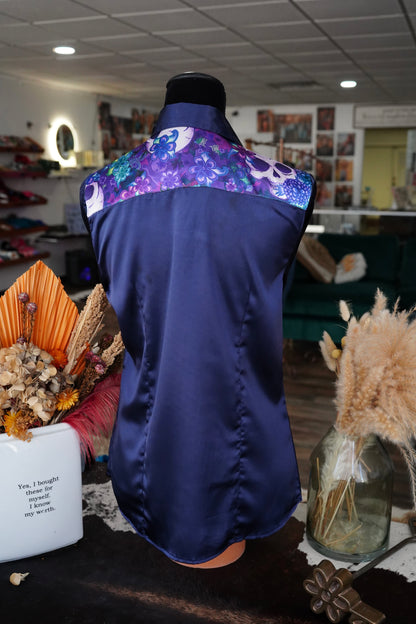 L - Navy Satin w/ Purple Floral Skulls Button Down