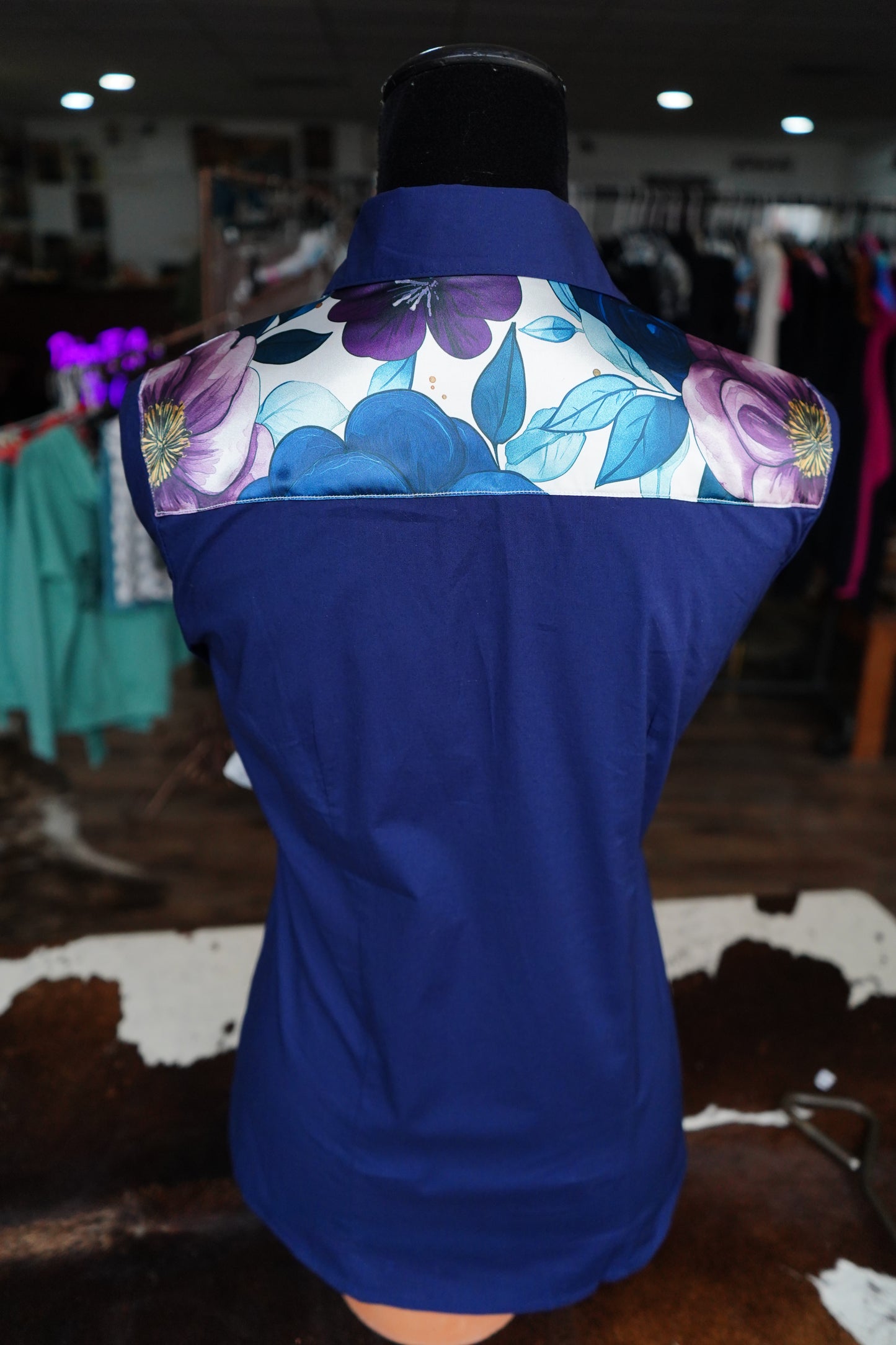 M - Navy & Purple Lg Floral on Navy Cotton Button Down