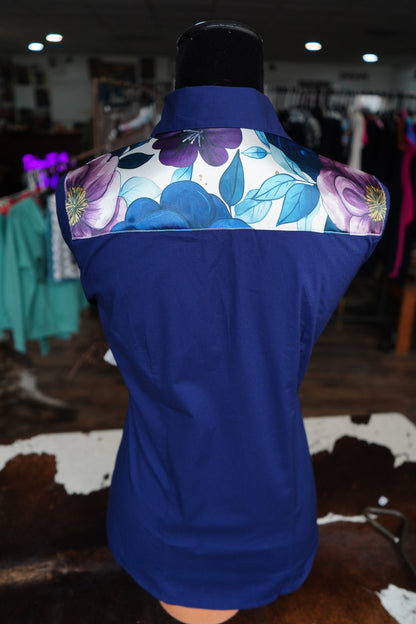 M - Navy & Purple Lg Floral on Navy Cotton Button Down