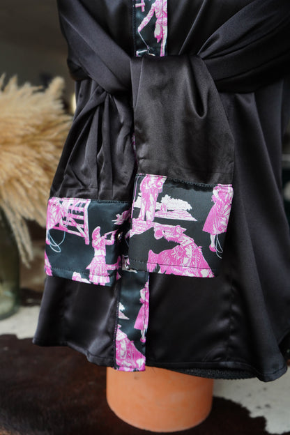 L - Pink Cowgirl Scene on Black Button Down