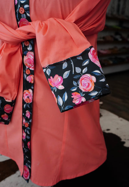 XL - Pink Roses on Coral Cotton Button Down