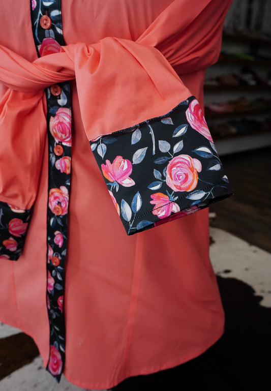 XL - Pink Roses on Coral Cotton Button Down