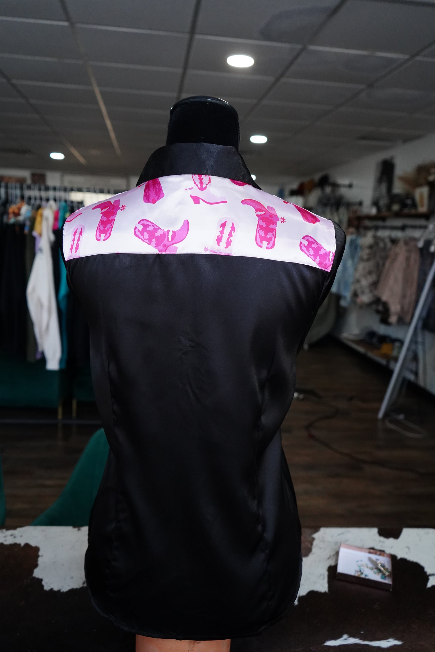 L - Pink Boot Goofin on Black Satin Button Down