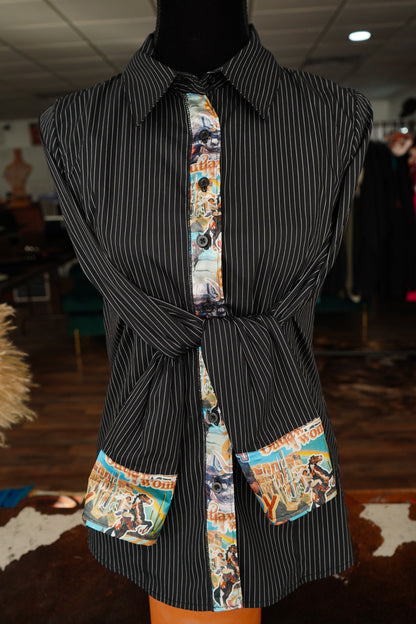 M - Calamity Jane on B/W Stripe Cotton Button Down