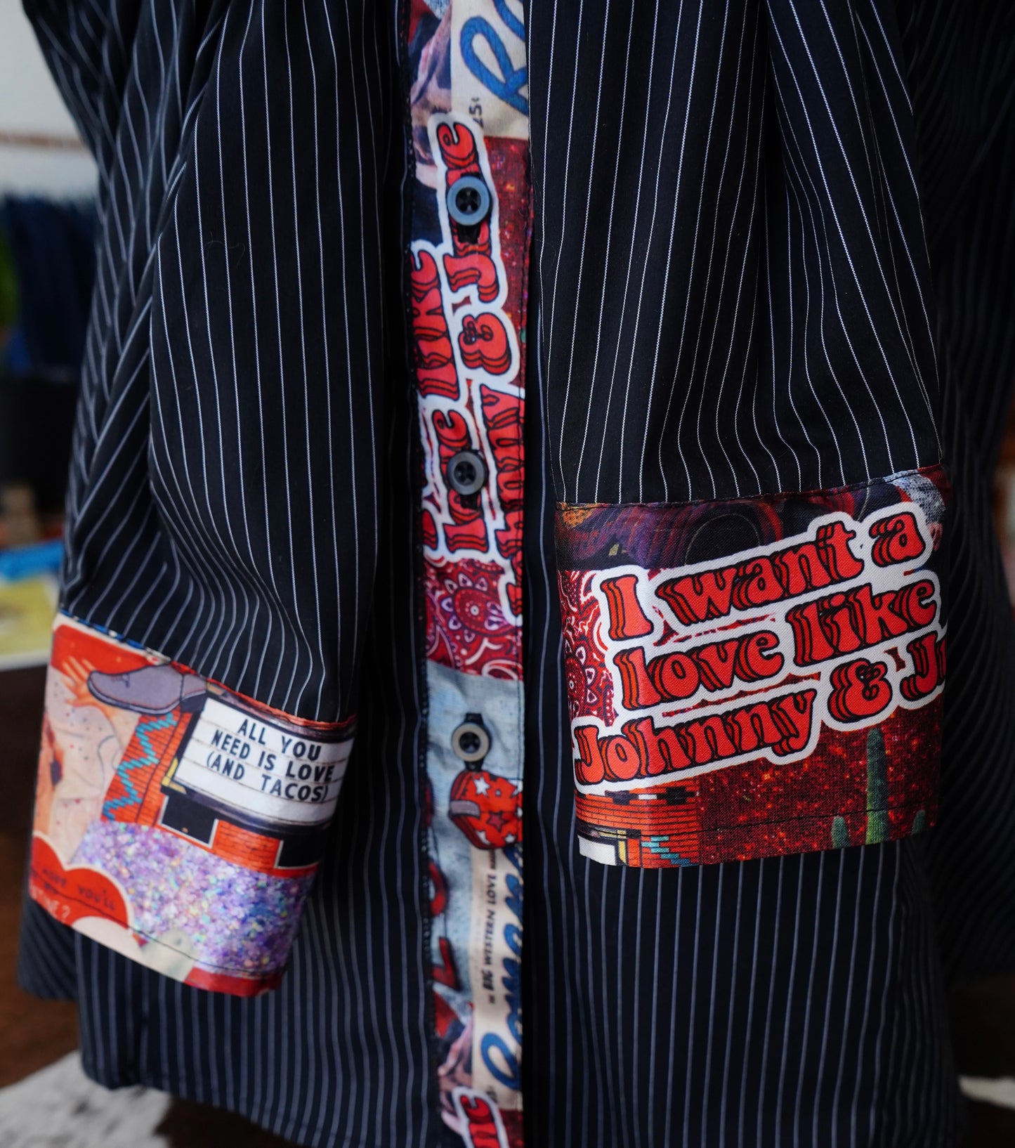 2XL - Cowboy Love on B/W Pinstripe Cotton Button Down