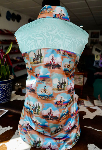 Daisy Original Painted Cowboy Scenes w/ Turquoise Groovy Button Down - Size 16