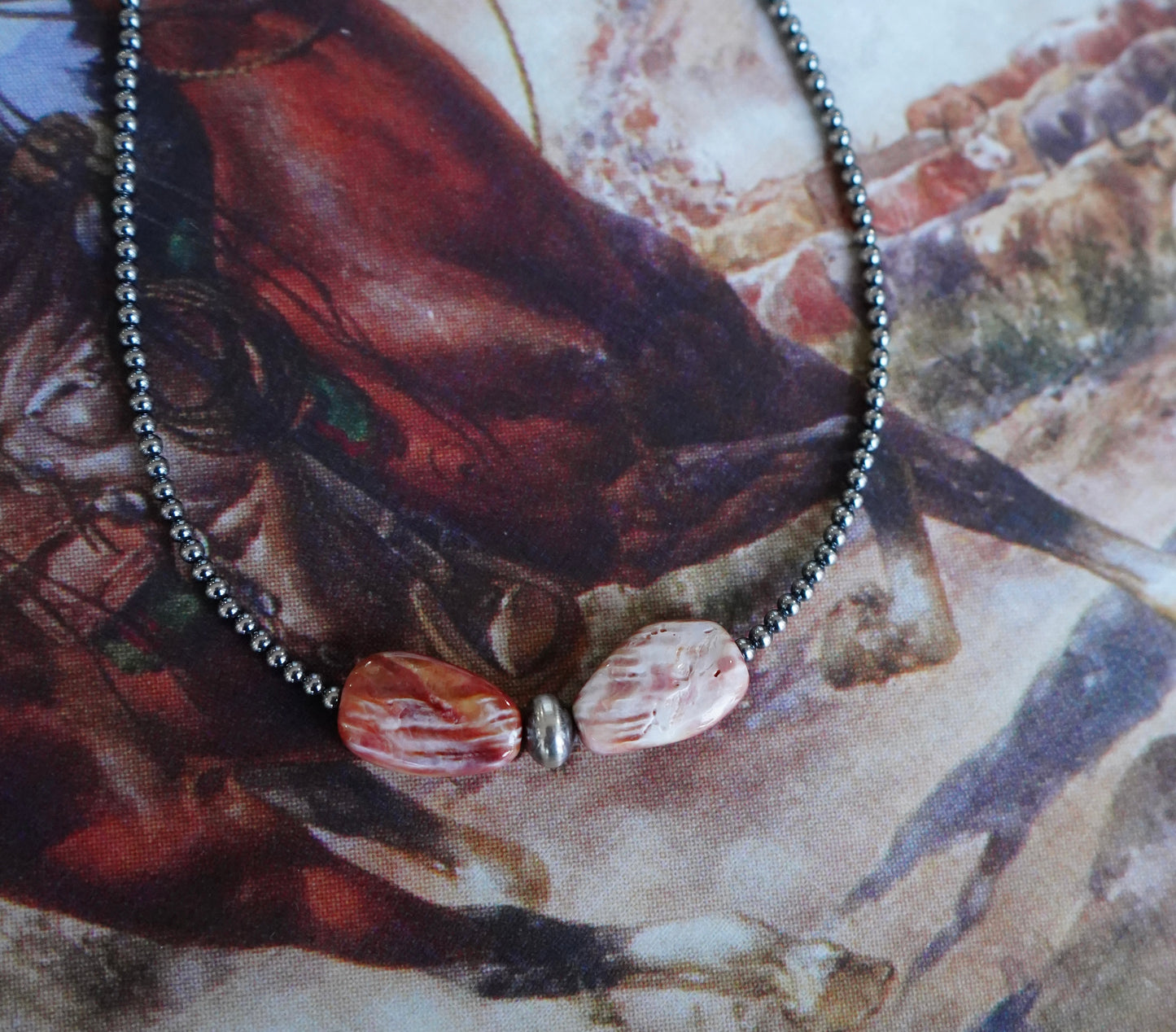 Sterling Silver Pearl 2 Stone Spiny Oyster Necklace - 14”