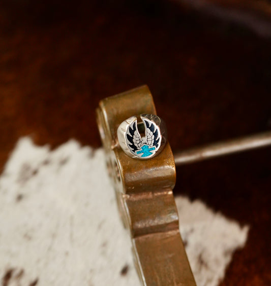 Vintage Turquoise Inlay Eagle Ring - Sz 9