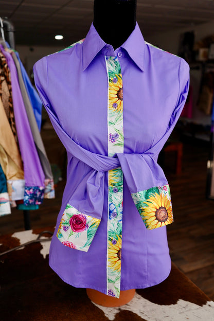 S - Sunflowers & Wildflowers on Lavender Cotton Button Down