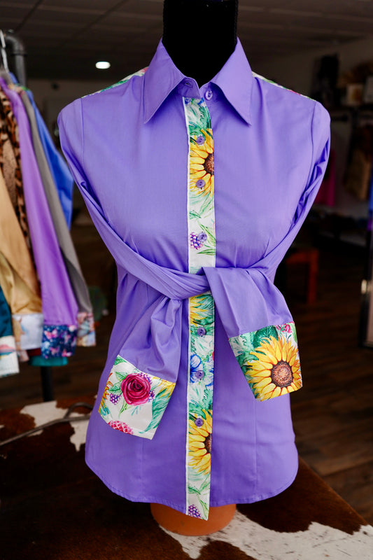 S - Sunflowers & Wildflowers on Lavender Cotton Button Down