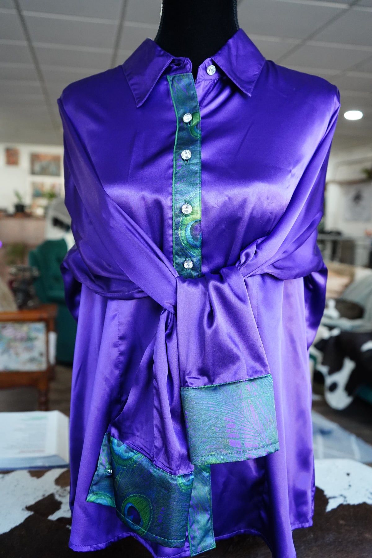 3XL - Peacock Feathers on Purple Satin Button Down