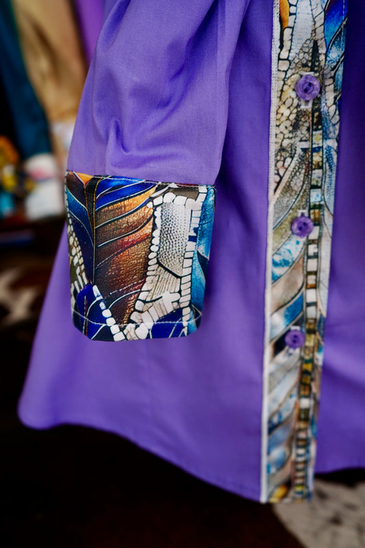 XL - Jeweled Feathers on Lavender Cotton Button Down