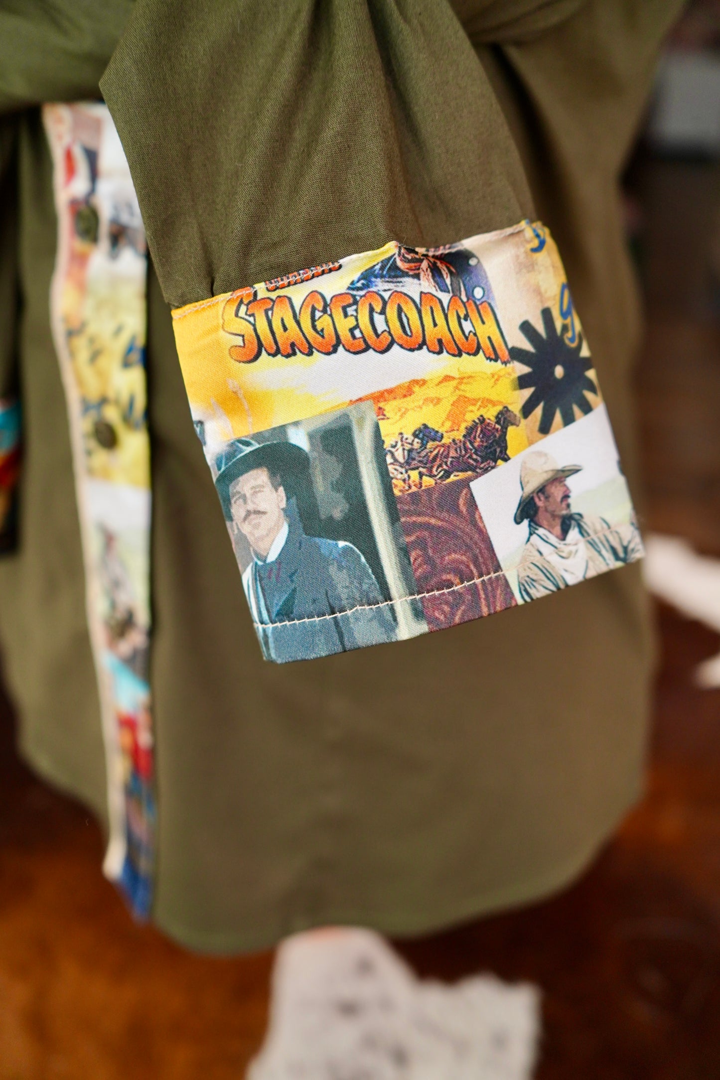 M - Western Movie Posters on Olive Cotton Button Down