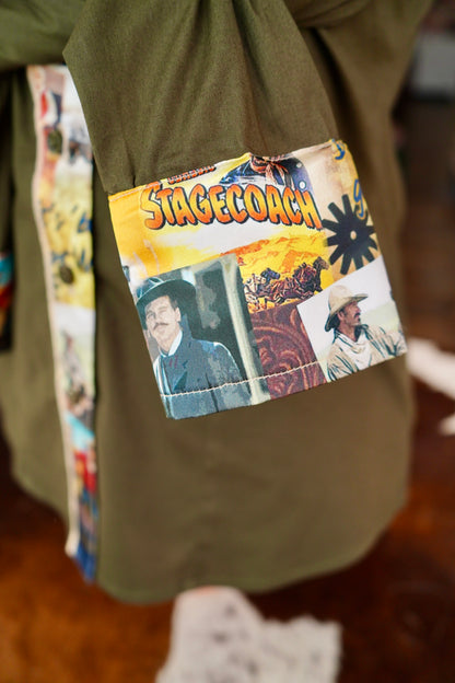 M - Western Movie Posters on Olive Cotton Button Down