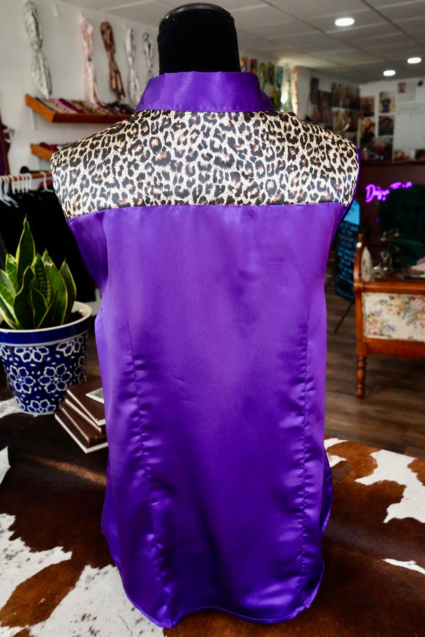 XL - Cheetah on Purple Satin Button Down
