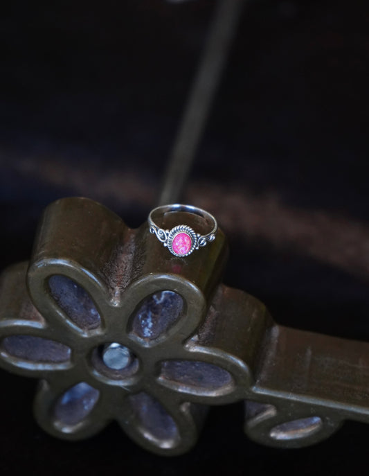 Round Hot Pink Opal w/ Silver Swirls Rings