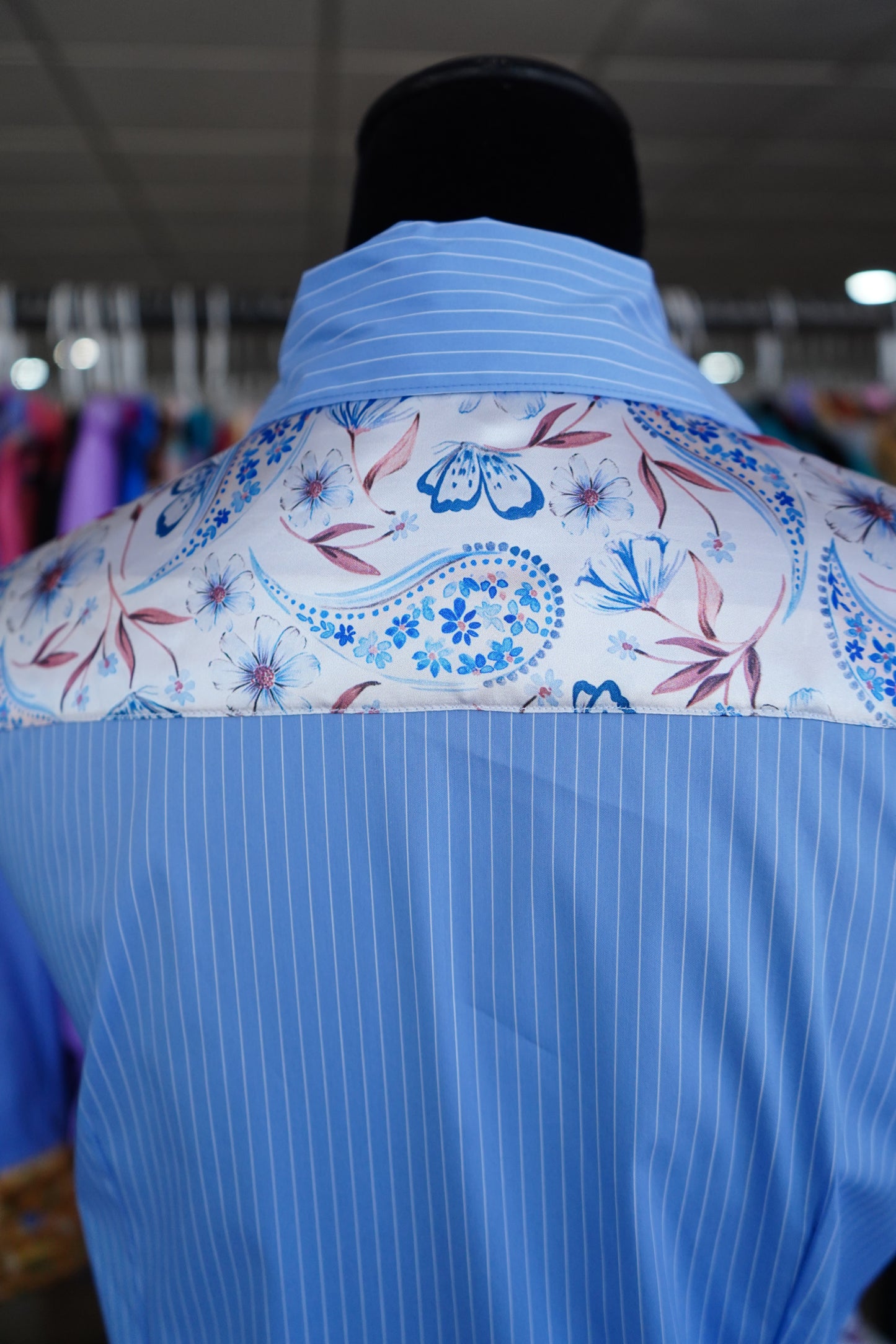 M - Blue & Rust Floral Paisley on Blue Stripe Cotton Button Down