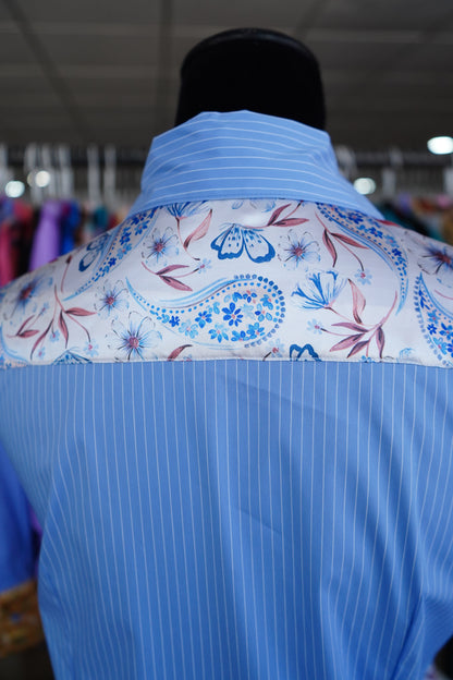 M - Blue & Rust Floral Paisley on Blue Stripe Cotton Button Down