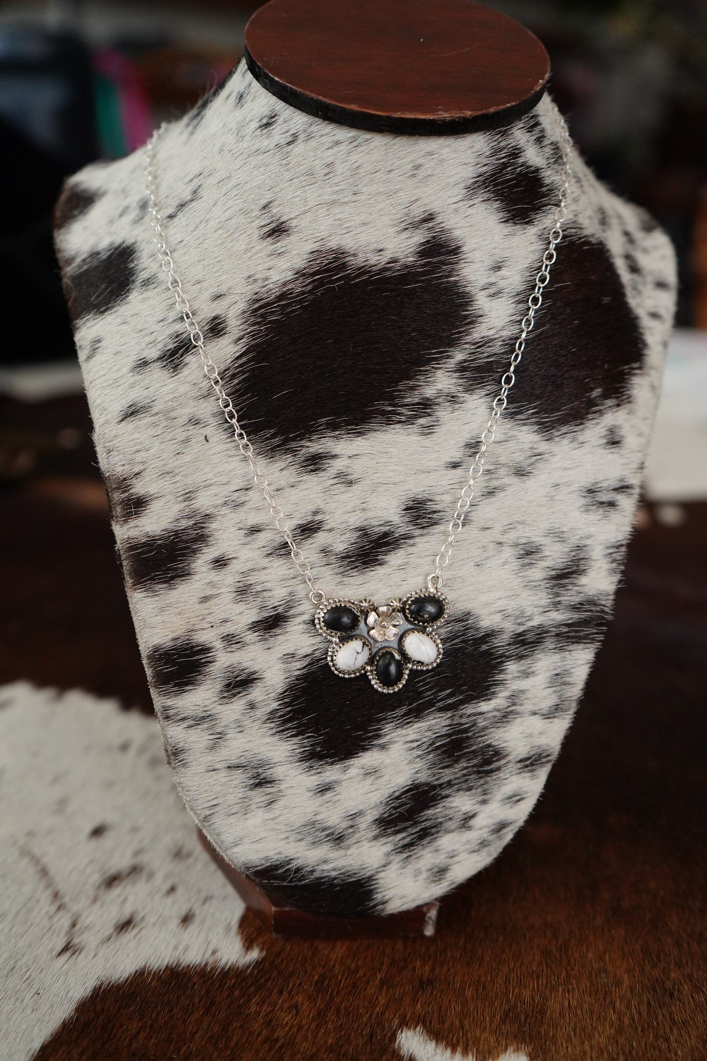 4 Stone White Buffalo w/ Flower Cluster Necklace