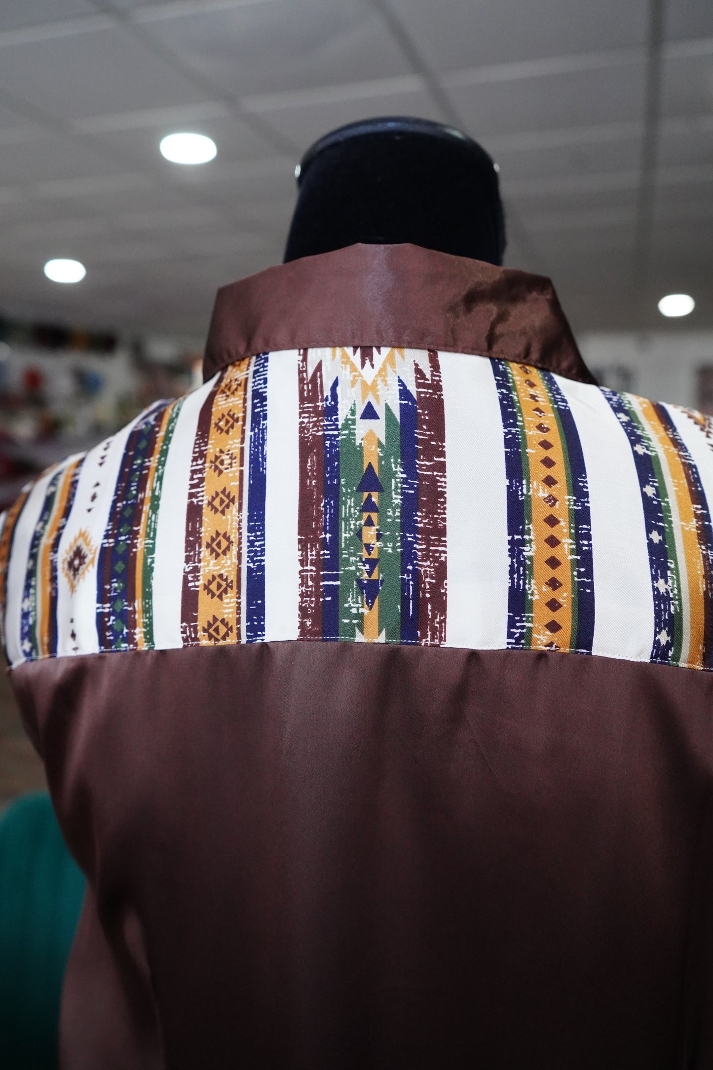 2XL - Native Stripe on Brown Satin Button Down