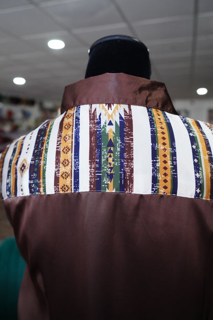 2XL - Native Stripe on Brown Satin Button Down