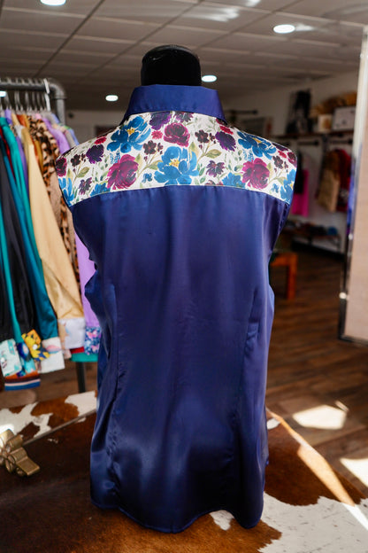 2XL - Navy Plum Floral on Navy Satin Button Down
