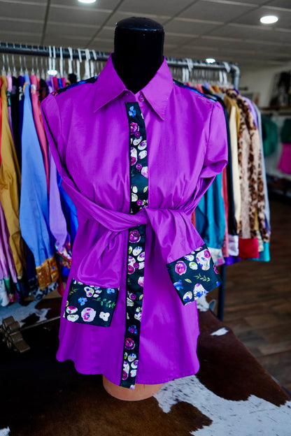 L - Floral Paw Prints on Magenta Cotton Button Down
