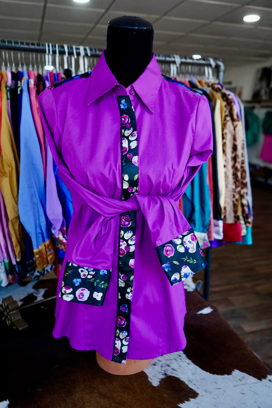 L - Floral Paw Prints on Magenta Cotton Button Down