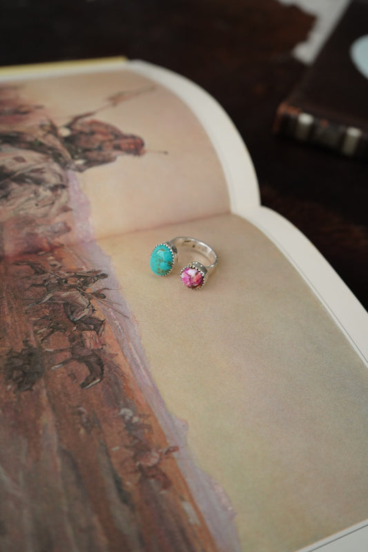 TBP 2 Stone Turquoise & Pink Dahlia Ring - Adj