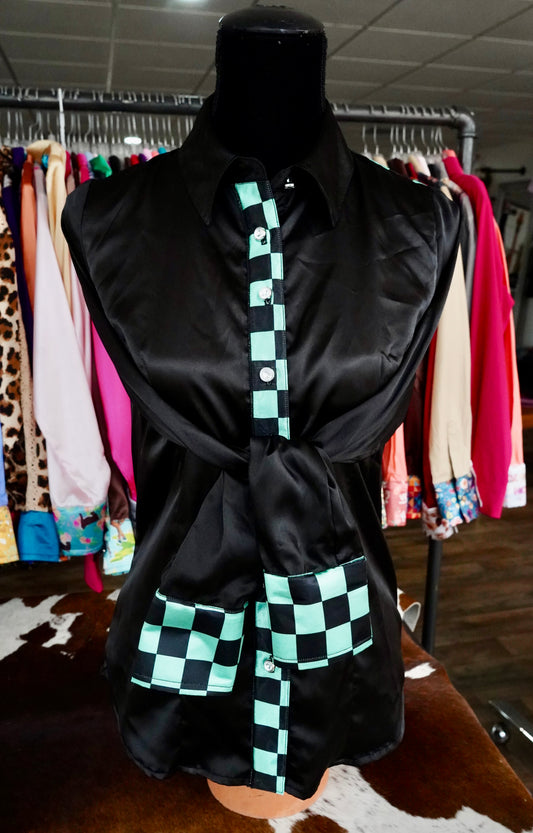 S - Mint & Black Checkered on Black Satin Button Down