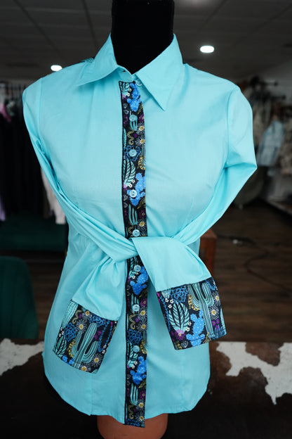S - Magenta & Turquoise on Baby Blue Cotton Button Down
