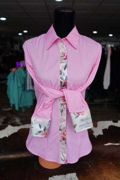 L - Tan Verses on Light Pink Cotton Button Down